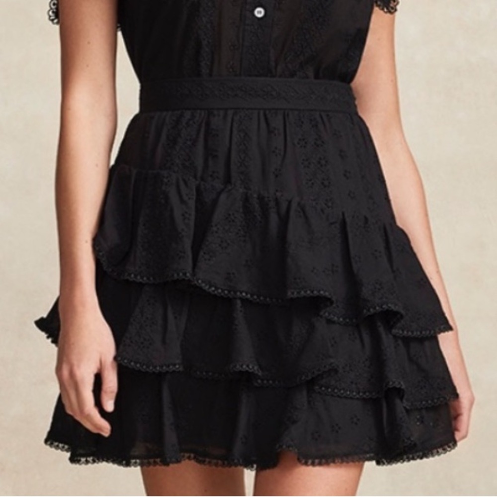 NWOT [Pearl by Lela Rose] Black Eyelet Tiered Ruffle Mini Lined Skirt Women’s 8 - Picture 2 of 12